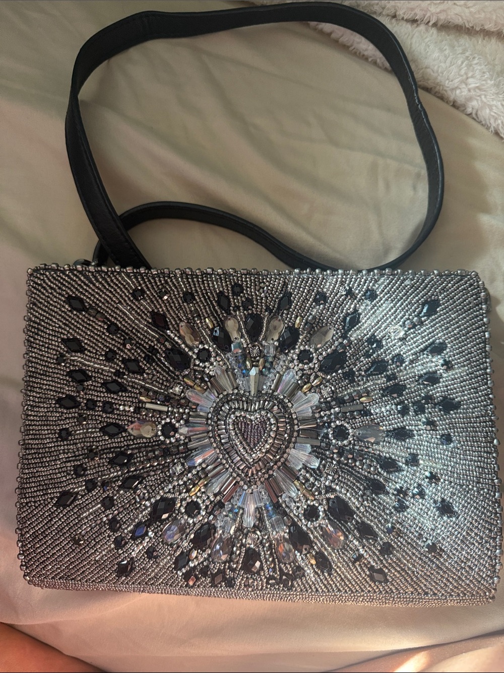 Embellished Silver Heart Crossbody Bag for Women